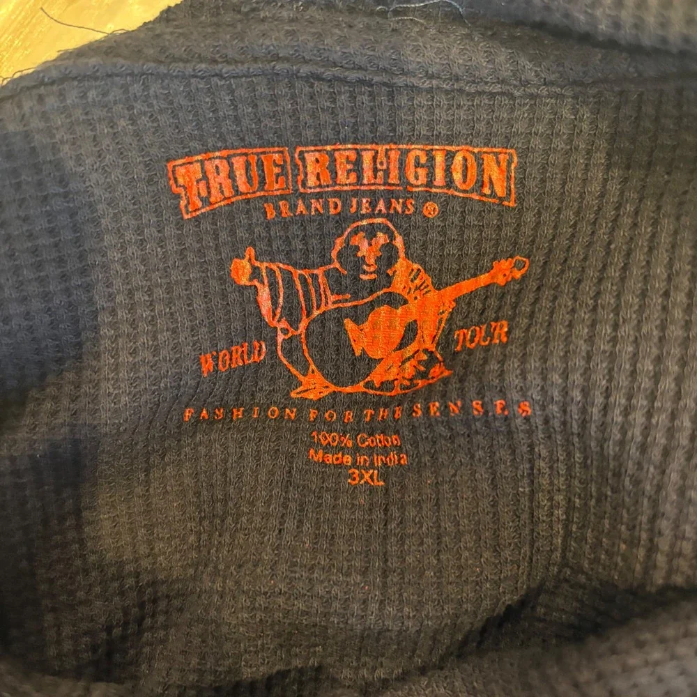 True Religion Mens Navy Blue Waffle Knit World Tour Graphic Henley Hoodie 3XL